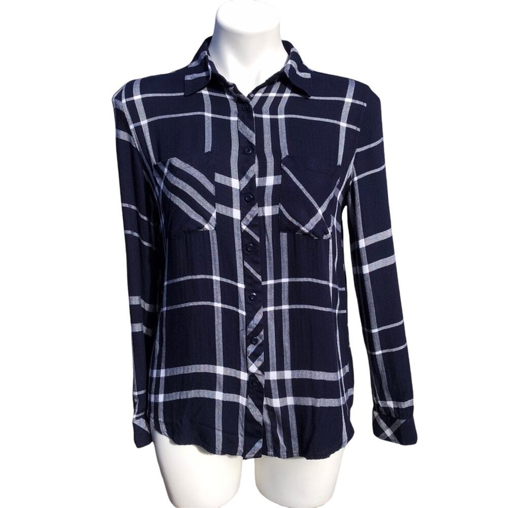 Romeo & Juliet Couture navy white plaid button up shirt roll tab sleeves medium